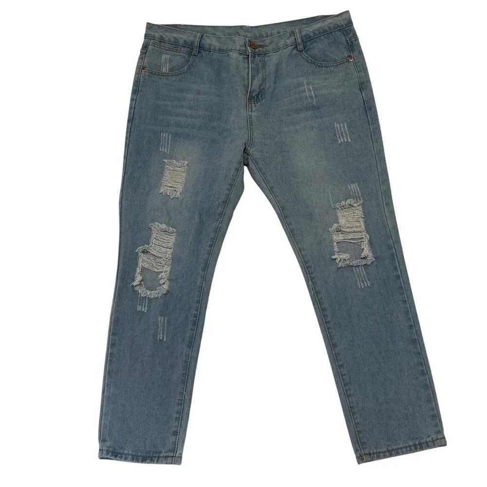 Unbranded Distressed Straight Leg Jeans Womens Light Blue Wash Good Ripped Denim